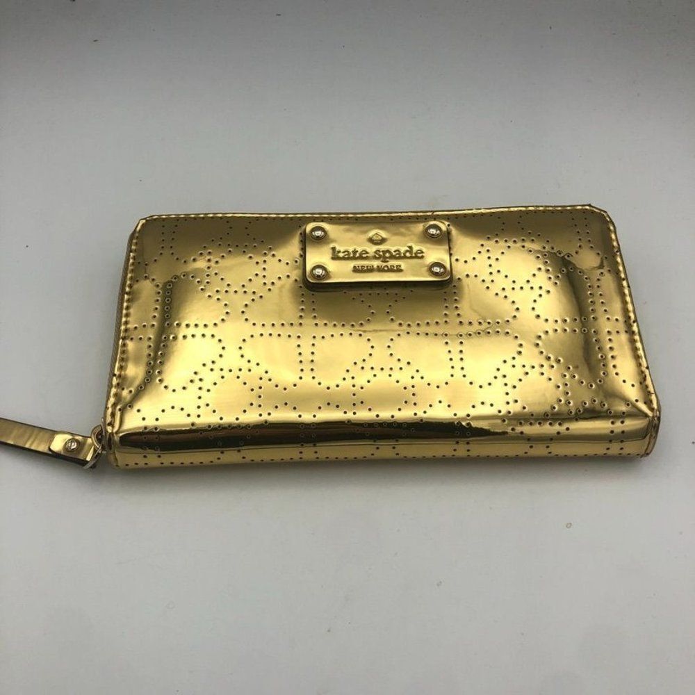 Kate‎ Spade Womens Wallet Zip Around Shiny Metallic Gold Heart Print Accessory